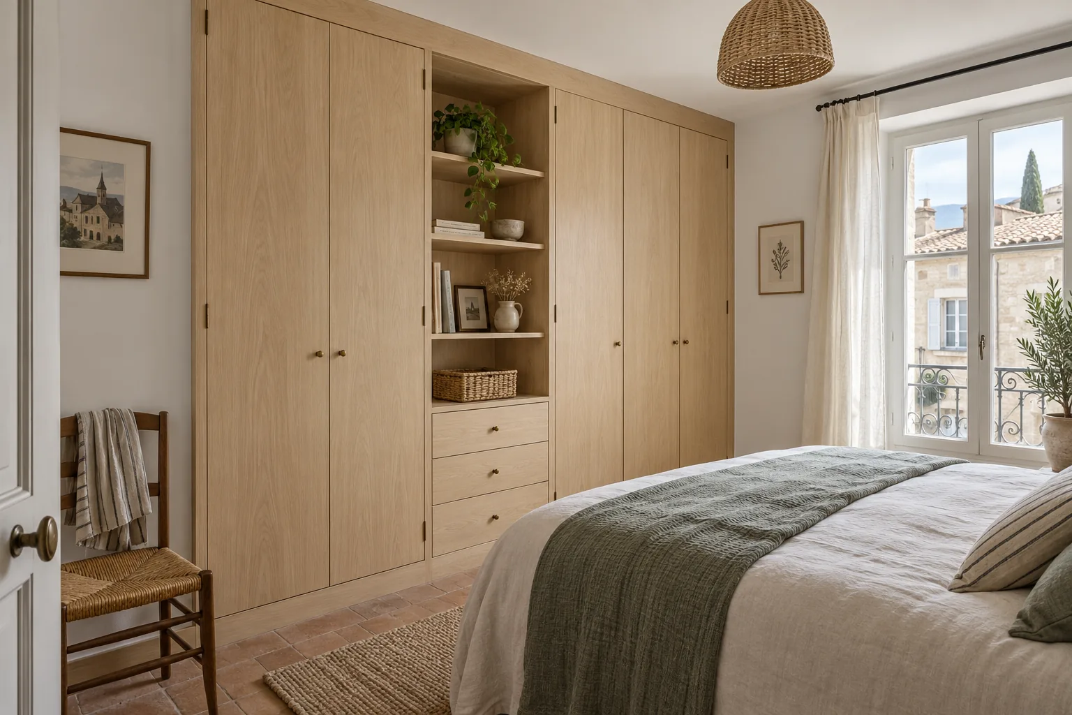 Illustration de rangements intégrés en bois clair dans une chambre.