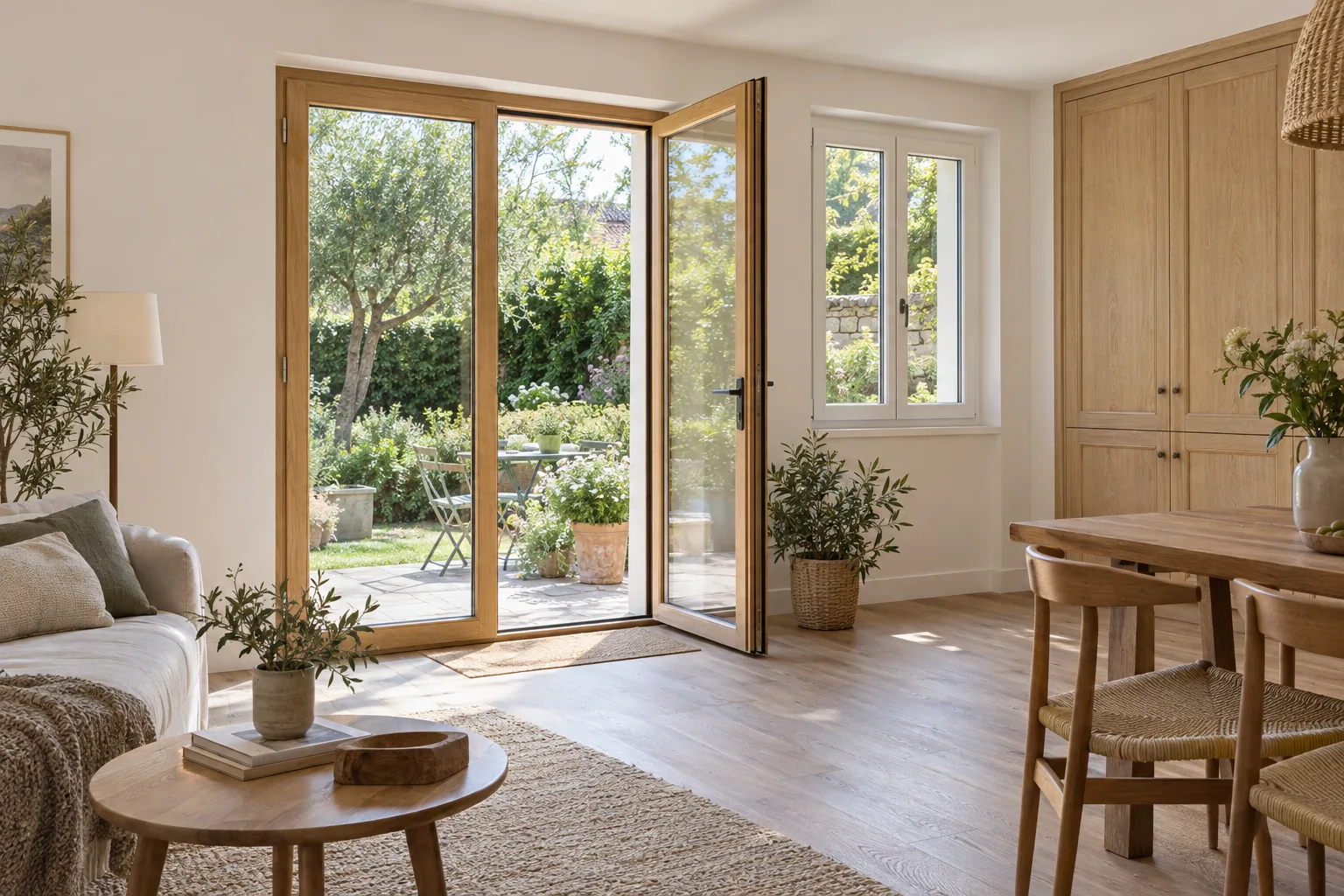 Illustration d’un habitat avec porte-fenêtre en bois, fenêtre blanche et rangement intégré.