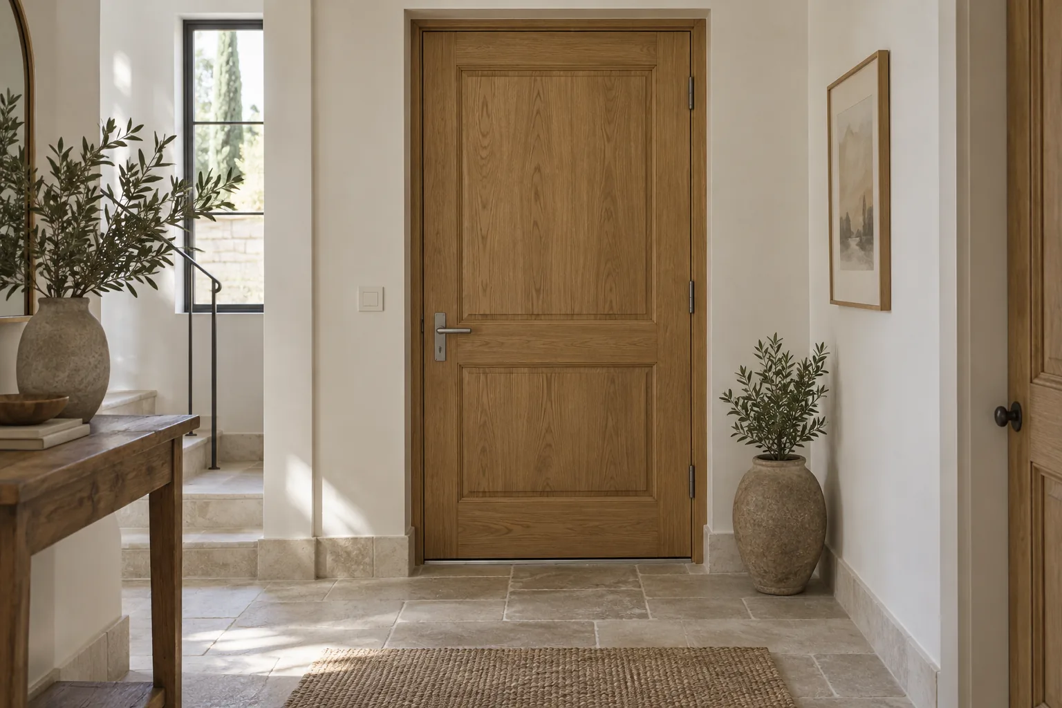 Illustration d’une porte d’entrée en bois vue depuis un couloir.